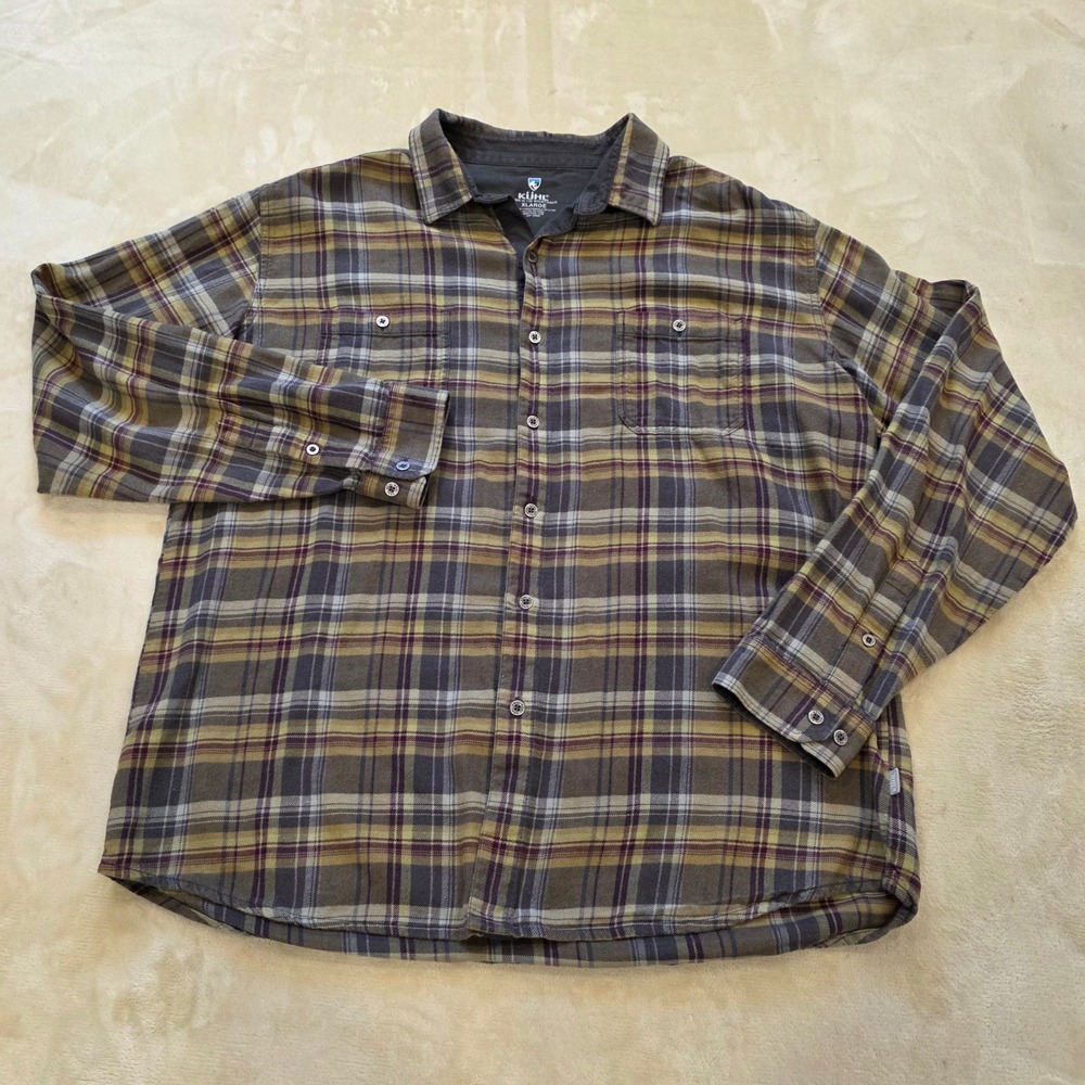 Kuhl Fugitive Flannel Shirt Men XL Olive Purple Gray Plaid Cotton Tencel LS